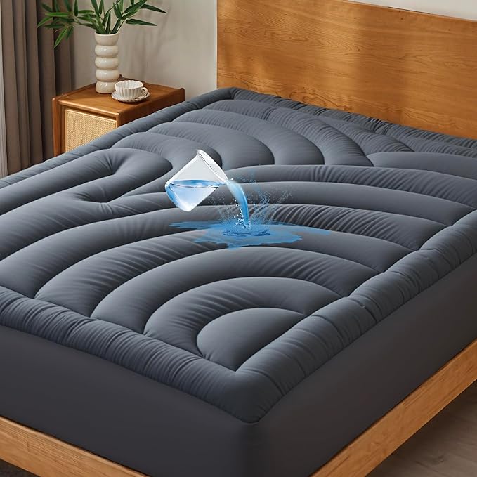 Waterproof Mattress Pad Full, Quilted Fitted Full Mattress Topper, Five-Layers Noiseless Mattress Protector Cover with 8"-21" Deep Pocket, Machine Washable, Grey, 54x75