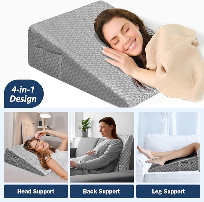 12" Wedge Pillow for Sleeping, Bed Wedge After Surgery, Back Pain Relief, Memory Foam Pillow Triangle Incline Wedge for Back Support, Leg Elevation (Dark Grey)