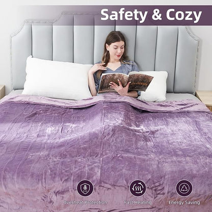 Electric Heated Blanket Queen Size 84"x90", Cozy Large Oversized, 6 Heating Levels & 1-10 Hours Auto Off, Machine Washable, Purple
