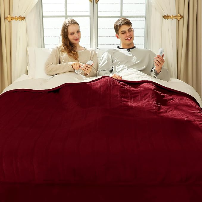 King Size Electric Blanket 100" x 90" - Soft Flannel Sherpa Heated Blanket with Dual Control, 5 Heating Levels & 10 Hours Auto Off, King Heating Blanket with ETL ertification (Red)
