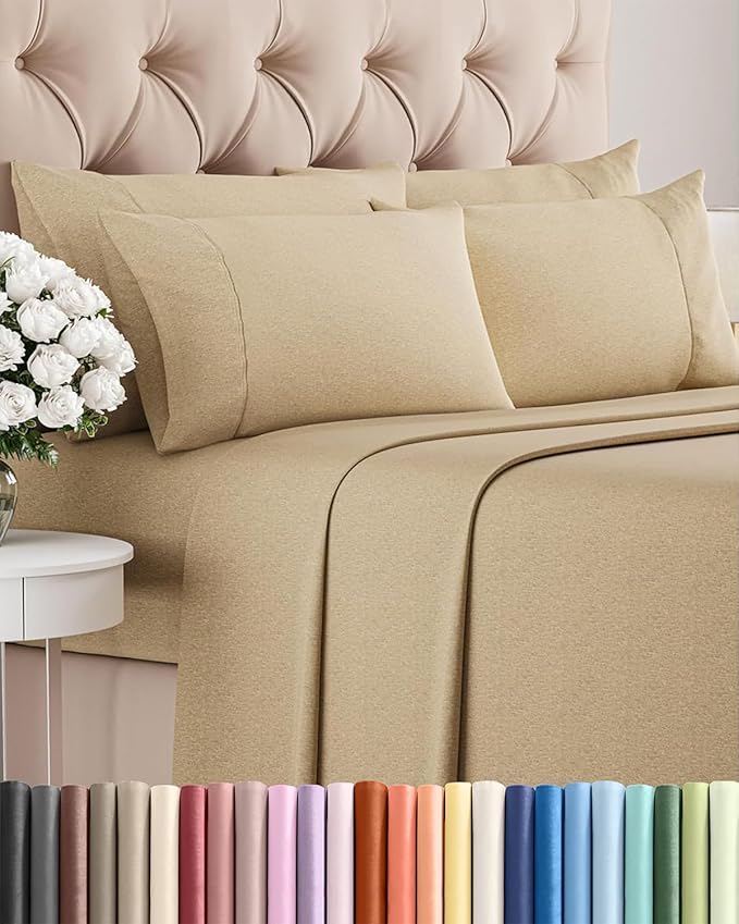 King 6 Piece Sheet Set - Comfy Breathable & Cooling - Ultra Soft Hotel Luxury Bedding Set w/ 8-16 Inch Deep Pockets - 1 Flat & 1 Fitted Sheet & 4 Pillowcases - Wrinkle Free & Easy Care - Heathered Tan
