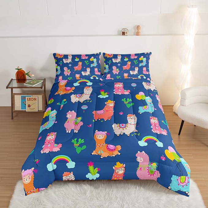 HOSIMA Kids Cute Llama Bed in a Bag Queen Comforter Set,Cartoon Rainbow Alpaca Comforter with 2 Pillowcases,Animal Bedding Sets for Children Room Decor,Blue Toddler Bedding Set for Boys Girls.