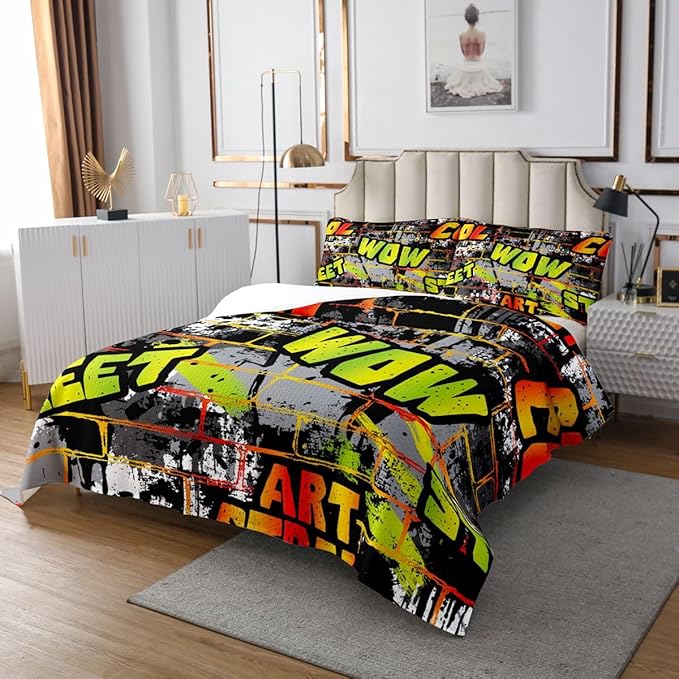 Erosebridal Graffiti Bedspread Queen, Hip Hop Bedding Set Hippie Quilted for Child Teens Girls Boys, Street Art Decorations 3 Pieces Coverlet Set, (Watercolor)