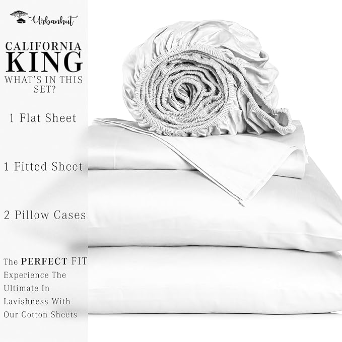 URBANHUT 1000 Thread Count Egyptian Cotton Sheets California King Size, Long Staple Soft & Breathable, 4 Pc Bed Sheet Sets, Luxury Hotel Sateen Sheets Fits 16" Deep Pocket - White