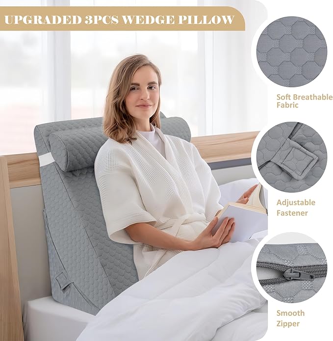 Bed Wedge Pillow for Sleeping, Adjustable Wedge Pillow Set for After Surgery, Elevated Triangle Pillow for Acid Reflux and Back Pain Relief, Post Surgery, Sleep Apnea, Back Suppor
