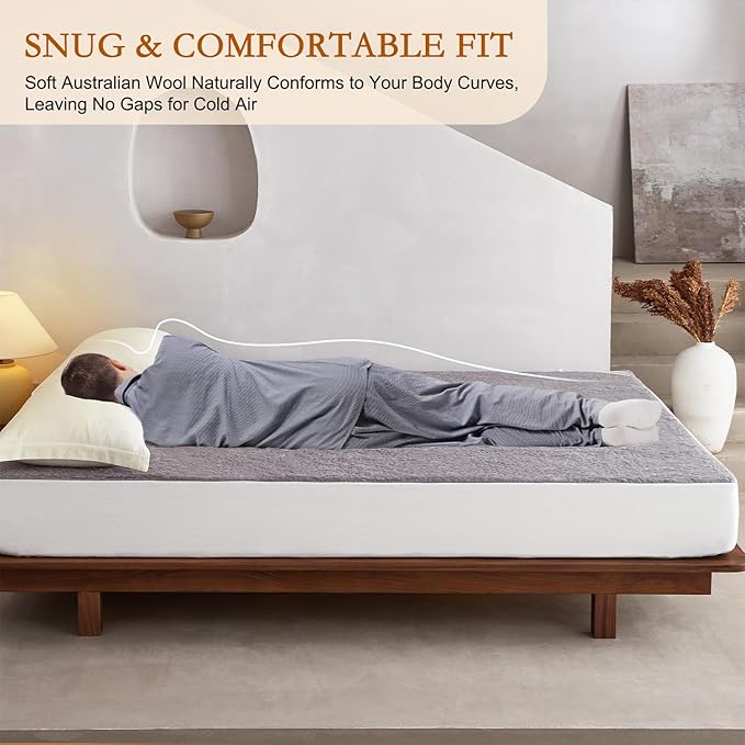 YOUR MOON Wool Fleece Mattress Pad Queen – Organic Australian Wool Plush Mattress Topper, 370GSM Velvet Breathable Bed Mattress Cover with 16" Deep Pocket, 60"x80", Gray