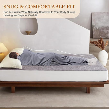 YOUR MOON Wool Fleece Mattress Pad Queen – Organic Australian Wool Plush Mattress Topper, 370GSM Velvet Breathable Bed Mattress Cover with 16" Deep Pocket, 60"x80", Gray