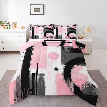 Feelyou Kids Abstract Art Comforter Set Full Size Geometric Bedding Set for Boys Girls Teens Bedroom Decor Geometric Pink Grey Black Comforter Women Men Modern Duvet Set with 2 Pillow Case
