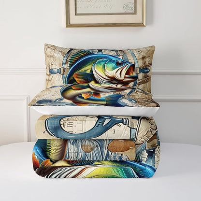 Bass Big Fish Comforter Set for Kids Boys Queen Size, Nautical Hunting and Fishing Pattern Bedding Sets, 3Pcs Vintage Wooden Comforter Soft Decor Underwater Animals Theme Quilt Set