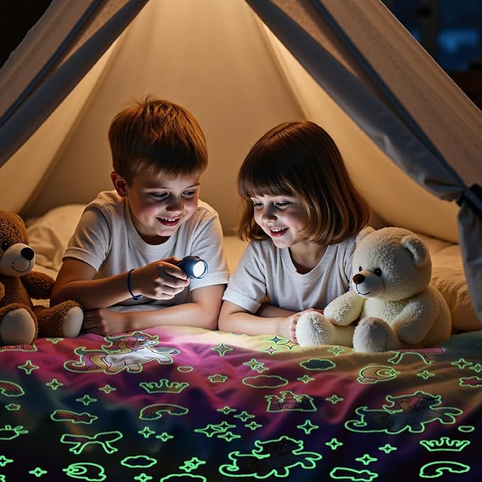 Lotus Karen Unicorn Glow in The Dark Blanket Unicorn Toys Girl Gifts for 1 2 3 4 5 6 7 8 9 10 11 12 Year Old Kids Blanket with Stars Cloud Crown Bow Birthday Halloween Room Decor（Rainbow 60"×80"