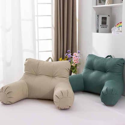 A Nice Night Faux Leather Reading Pillow for All Season,Wedge Bedrest Pillow Backrest with Arms Back Support for Sitting Up in Bed/Couch,Natural