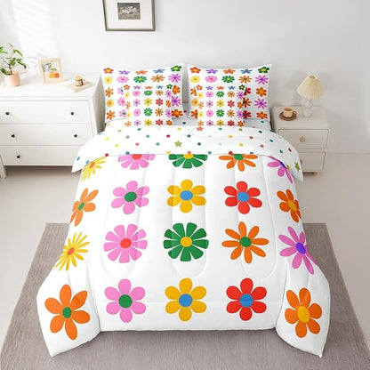 Feelyou Cute Flower 7 Piece Bedding Set Twin Size Colorful Flower Comforter Set with Sheets for Kids Boys Girls White Colorful Bed in a Bag Kawaii Theme Bed Set