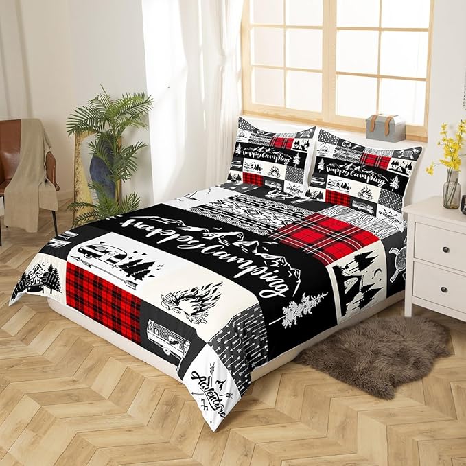 Camping Camper Duvet Cover Queen Size,RV Inside Decor Rustic Patchwork Duvet Cover Set for Children Adult,Farmhouse Lodge Hunting Red Checkered Soft Comforter Cover for Dorm Room, Zipper, Ties