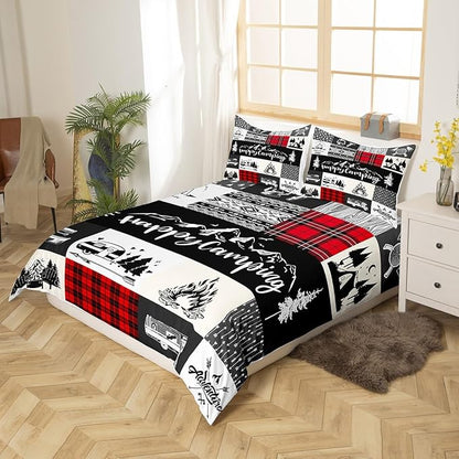 Camping Adventure Bedding Set Twin Size,RV Camper Accessories for Travel Trailers Comforter Cover Set for Kids Girls,Rustic Red Plaid Boho Aztec Exotic Bedding Quilt Cover Set Bedroom Decor, 2 Pcs