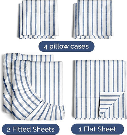Split King 7 Piece Sheet Set - Comfy Breathable & Cooling - Soft Hotel Luxury Bedding Set w/ 8-16 Inch Deep Pockets - 1 Flat & 2 Fitted Sheet & 4 Pillowcases - Cozy and Wrinkle Free - Blue Stripes 2