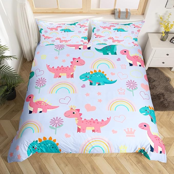 Castle Fairy Kawaii Dino Full Size Duvet Cover Set,Cute Rainbow Floral Love Heart Reversible Comforter Cover with 2 Pillowcases,Blue Pink Dinosaur Lovely Animal Breathable Bedding Set (Not Comforter)