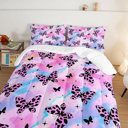 Beautiful Butterfly Comforter Set Queen Size,Spotted Butterfly Printed Bedding Set for Kids Girls Women Room Decor,Rainbow Aesthetic Toddler Bedding Sets for Girls with 2 Pillowcases.
