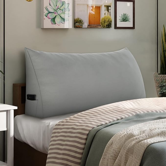 Johnear Triangular Headboard Pillow Daybed Wedge Pillow Cotton Linen Large Bolster Reading Back Rest Pillow for Sofa Bed Support Bolster Upholstered Backrest Positioning Lumbar Cushion（Gray, King）