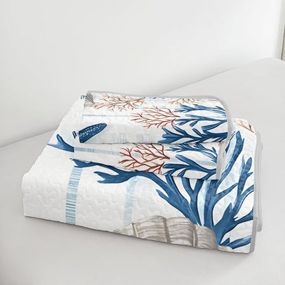 QOOMO Coastal Quilt Set Full/Queen Size,Starfish Coral Nautical Bedspread Coverlet Set,Ocean 3Pcs Bedding Set Printed Quilt with 2 Pillowcases,Soft and Lightweight,for All Seasons