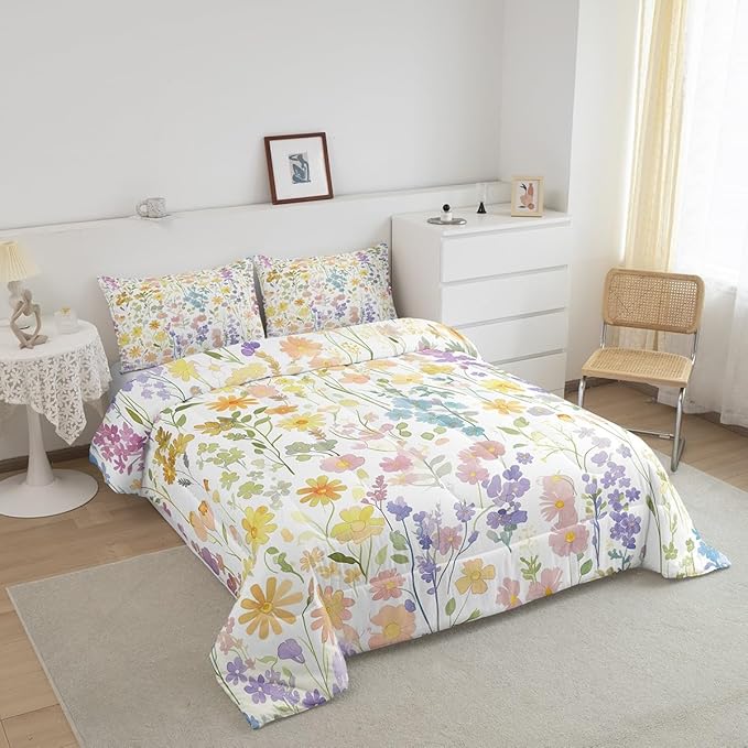 Erosebridal Cute Rainbow Flower Queen Bedding Set for Girls Kids Women,Colorful Boho Floral Comforter Set Rustic Home Decor,Bohemian Wildflower Quilt Bed Set Wild Flowers Bed Comforter Set 3Pcs