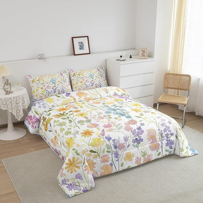 Erosebridal Cute Rainbow Flower King Bedding Set for Girls Kids Women,Colorful Boho Floral Comforter Set Rustic Home Decor,Bohemian Wildflower Quilt Bed Set Wild Flowers Bed Comforter Set 3Pcs