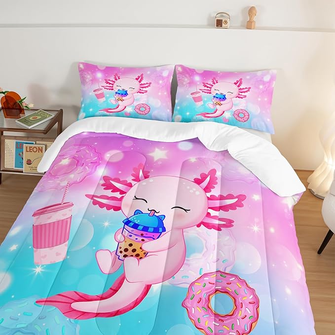 Cartoon Axolotl Twin Size Comforter Set, Kawaii Milk Tea Donut Stars Pattern, Animal Themed Comforter Set with 2 Pillowcases