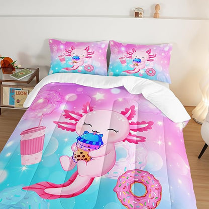 Cartoon Axolotl Comforter Set, Queen Size, Kawaii Bedding Set Milk Tea Donut Stars Pattern Comforter Set for Children Teen Girls Room Decor, Pink Animal Themed with 2 Pillowcases