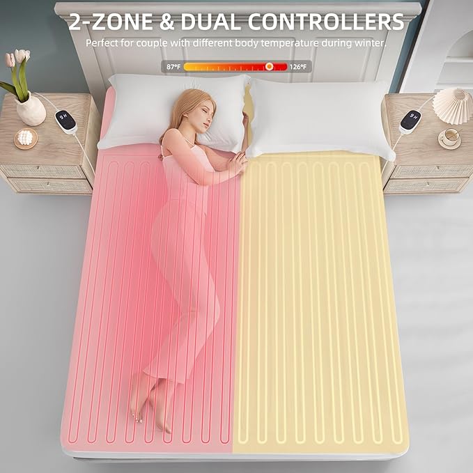 Heated Mattress Pad King Size Electric Mattress Dual Controller Bed Warmer 9 Heat Settings, 1-12 Hours Auto Off,Memory Function Deep Pocket, Fast Heating, Machine Washable King 78" * 80"
