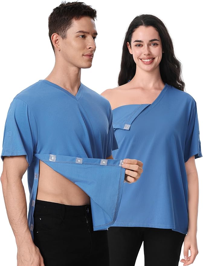 Magnetic Buttons Post Shoulder Surgery Recovery Shirt for Men V-Neck Tear Away Adaptive Chemo Port Clothing for Women