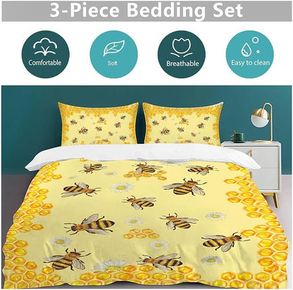 Bee Bedding Set Honey Bee Theme Comforter Set Covers for Kids Adults Women Yellow Bee Duvet Cover Bedroom Decor Soft Twin Size Quilt Cover with 2 Pillowcases