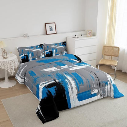 Feelyou Abstract Bedding Set Kids Modern Abstract Art Comforter Set Blue Grey Black Comforter for Boys Room Decor Lightweight Retro Duvet Set Toddler Size with 1 Pillow Case