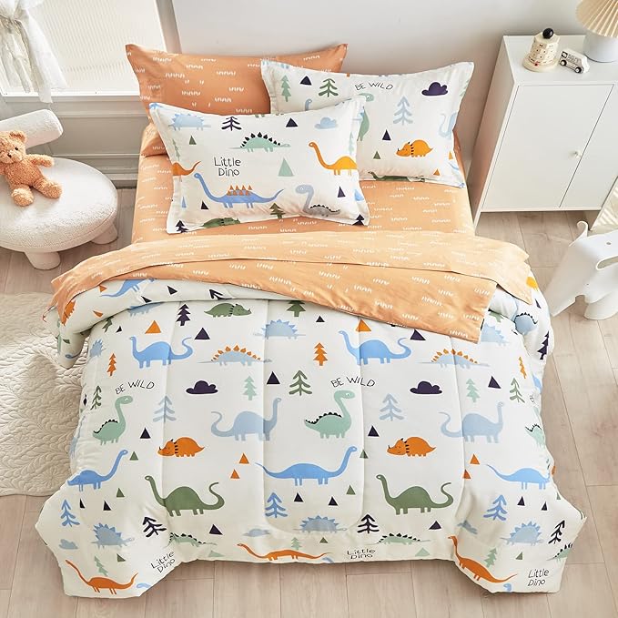 Joyreap Bed in a Bag Cotton, Dinosaur Reversible Design, Queen Size 7-Piece Cotton Bedding Comforter Set for Kids Boys n Girls- 1 Comforter, 2 Pillow Shams, 1 Flat Sheet, 1 Fitted Sheet, 2 Pillowcases