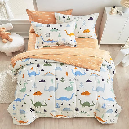 Joyreap Bed in a Bag Cotton, Dinosaur Reversible Design, Queen Size 7-Piece Cotton Bedding Comforter Set for Kids Boys n Girls- 1 Comforter, 2 Pillow Shams, 1 Flat Sheet, 1 Fitted Sheet, 2 Pillowcases