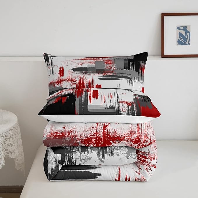 Feelyou Abstract Comforter Modern Abstract Art Comforter Set for Boys Girls Children Red Grey Black Pattern Bedding Set Room Decor Toddler Size Duvet Set 2Pcs