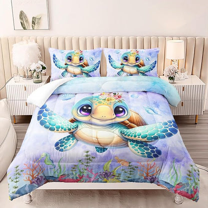 Turtle Bedding Set 3pcs Full Ocean Life Shell Comforter Set Kid Fish Crab Bedding Set for Boy Girl Watercolor Tortoise Seaweed Theme Pattern Quilt Bed Set with 1 Comforter and 2 Pillowcases