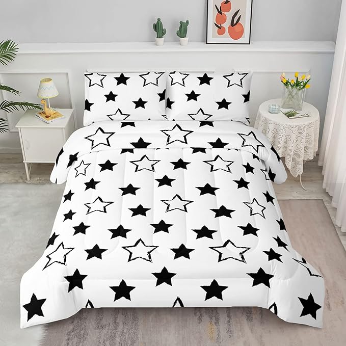 Axolotl Kids Twin Bedding Comforter Set,3Pcs Super Cute Soft Black and White Stars Quilt Set Bed in A Bag with 1 Comforter 2 Pillowcases for Kids Boys Girls Teens Adults Room Decor All Season