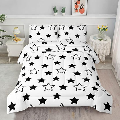 Axolotl Kids Twin Bedding Comforter Set,3Pcs Super Cute Soft Black and White Stars Quilt Set Bed in A Bag with 1 Comforter 2 Pillowcases for Kids Boys Girls Teens Adults Room Decor All Season