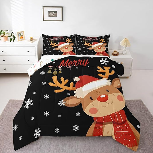 Cartoon Deer Reindeer Comforter Set Queen,Merry Christmas Bedding Set for Kids Boys Girls,Xmas Snowflake Duvet Insert Bedroom Decor,Happy New Year Gift Down Comforter with 2 Pillowcases Soft
