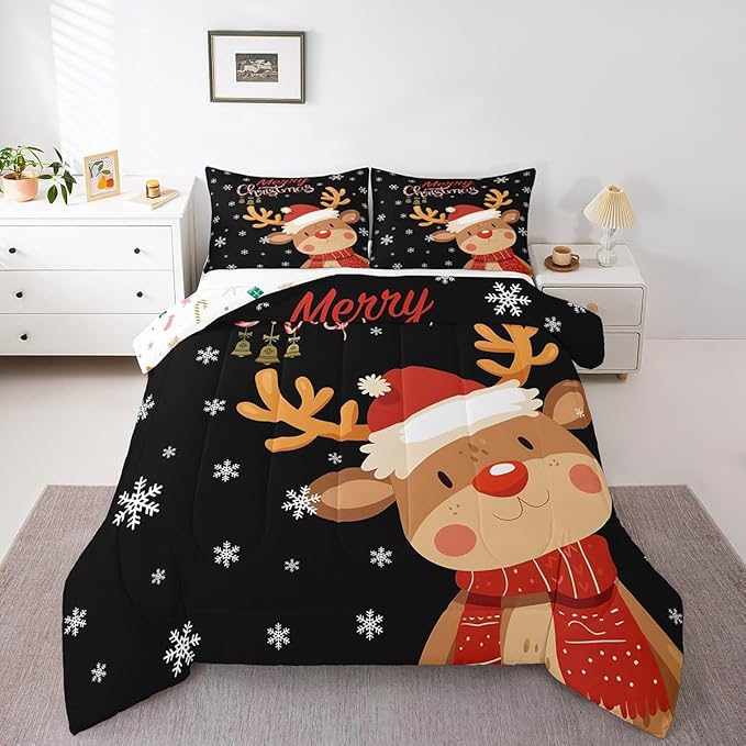 Cartoon Deer Reindeer Comforter Set King,Merry Christmas Bedding Set for Kids Boys Girls,Xmas Snowflake Duvet Insert Bedroom Decor,Happy New Year Gift Down Comforter with 2 Pillowcases Soft