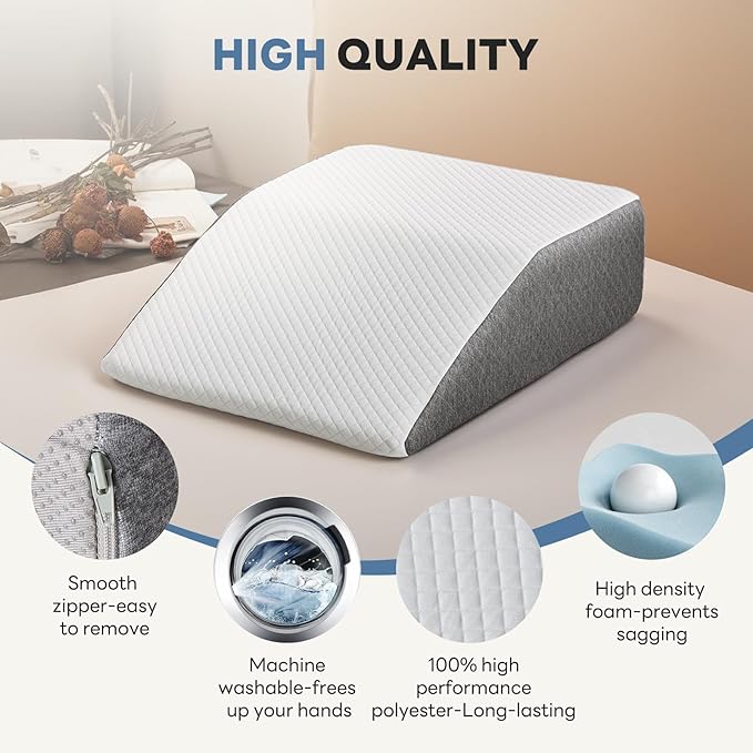 Wedge Pillow for Back Pain Relief, Acid Reflux Pillow, Memory Foam Sleep Apnea Pillows for Sleeping Versatile Triangle Pillow Wedge for Bedroom Living Room, 7Inch, White and Grey
