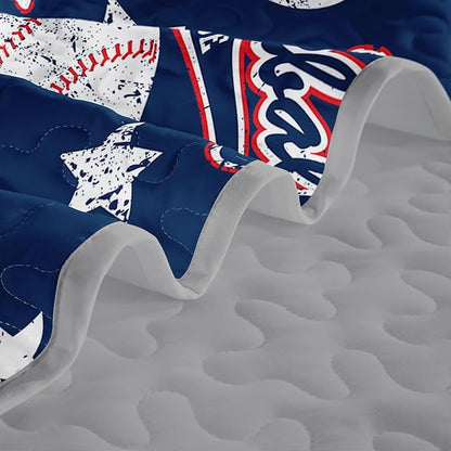 QOOMO Baseball Quilt Set Full/Queen Size,Blue Baseball Bedspread Coverlet Set,Sports 3Pcs Bedding Set Printed Quilt with 2 Pillowcases,Soft and Lightweight,for All Seasons