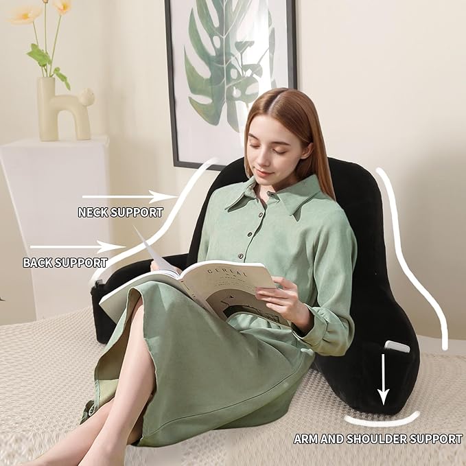 Reading Pillow for Sitting in Bed, Large Backrest Reading Pillow with Arm Rest,Back-Rest Support Cushion for Sit Up on Couch, Sofa, and Floor, Dorm Essentials (Black Faux Fur, Standard(17"))