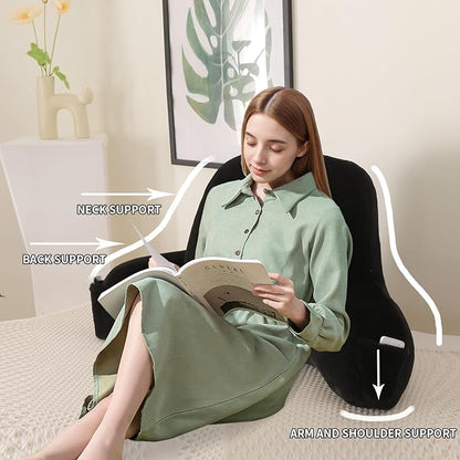 Reading Pillow for Sitting in Bed, Large Backrest Reading Pillow with Arm Rest,Back-Rest Support Cushion for Sit Up on Couch, Sofa, and Floor, Dorm Essentials (Black Faux Fur, Standard(17"))