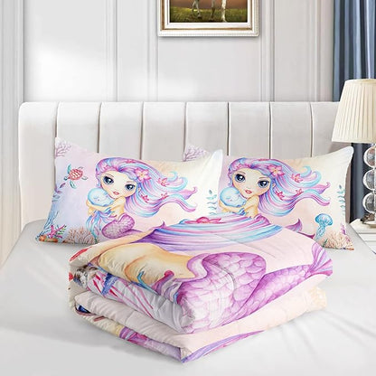 Mermaid Comforter Set Full Size Jellyfish Turtle Bedding Set Fish Grass Quilt Bed Set for Kid Girls with 1 Comforter and 2 Pillowcases