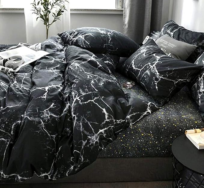 Wellboo Black Marble Comforter Set Full Size White Texture Bedding Comforters Women Men Black and White Marble Quilts Cotton Adults Modern Black Abstract Streaks Bed Organic Luxury Gothic Chic Blanket