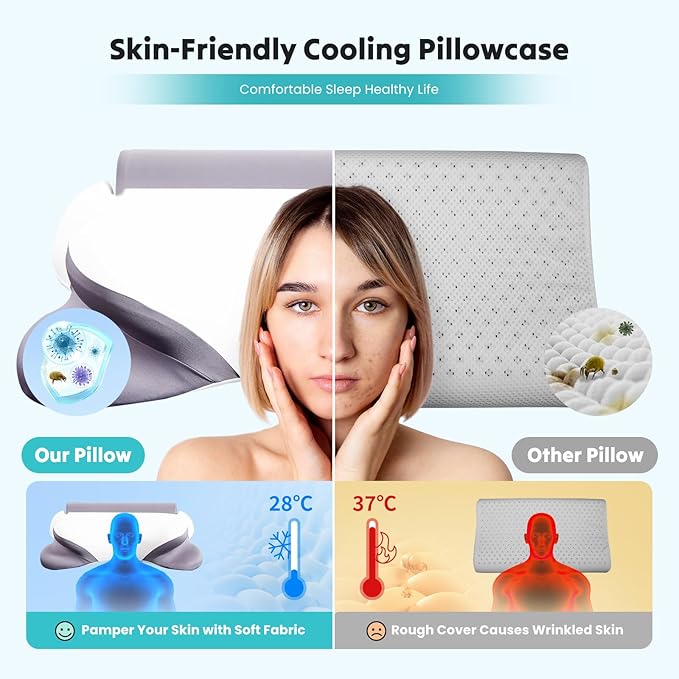 Smug Cervical Neck Pillow for Sleeping, Cooling Ergonomic Memory Foam Pillow with Arm Rest Slot and Ice Silk Pillowcase, Dual Height Orthopedic Support Contour for Side, Back, Stomach Sleepers