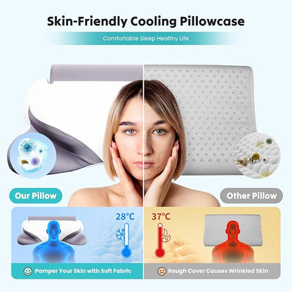 Smug Cervical Neck Pillow for Sleeping, Cooling Ergonomic Memory Foam Pillow with Arm Rest Slot and Ice Silk Pillowcase, Dual Height Orthopedic Support Contour for Side, Back, Stomach Sleepers