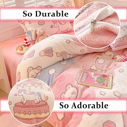 Carousel Kids Duvet Cover Set Pink Kawaii Bedding Set Twin Size Snowflake Fluffy Comforter Cover Blanket Soft Reversible Duvet Cover Room Decor for Girls Women Boys(Carousel,Twin)