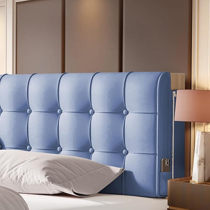 BCU Wall Mount Headboard Full Size Upholstered Wedge Pillow Headboard Adjustable Washable with Side Pocket for Backrest Support in Bed, Blue