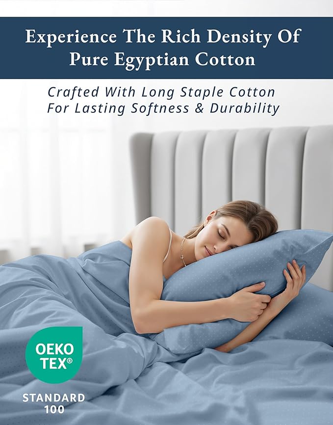 LANE LINEN 100% Egyptian Cotton Queen Sheet Set, Soft & Comfy Thick Fully Elasticized Mercerized Cotton Sheets Queen Size Set, No Pill Fade Resistant Elegant Swiss Dot - French Blue